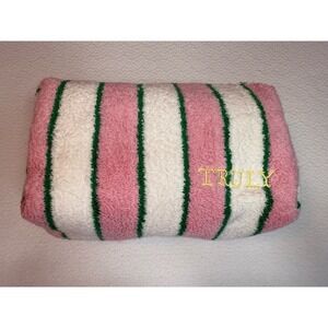 TRULY Pink White Striped Terry Cloth Makeup Bag‎ 10x6 Zipper Cosmetic Case
